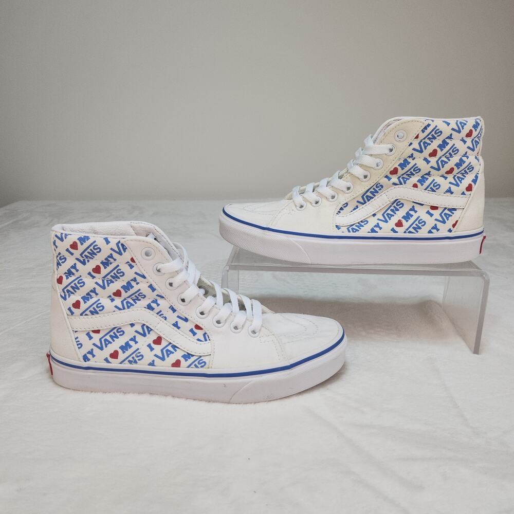 Vans Sk8-Hi Womens 7 I Heart Vans High Tops White Blue Red Canvas Lace Up Skater